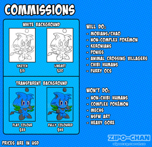 Commission Price sheet A graphic displaying commission examples, their prices, and a list of things I will or will not do. Under will do: Mobians/Chao, Non-complex Pokémon, Keronians, Ponies, Animal Crossing villagers, Chibi humans, furry OCs. Under won’t do: Non-chibi humans, c